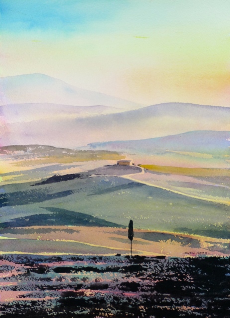 The evening sunlight near Pienza, a sketch by Alan Reed